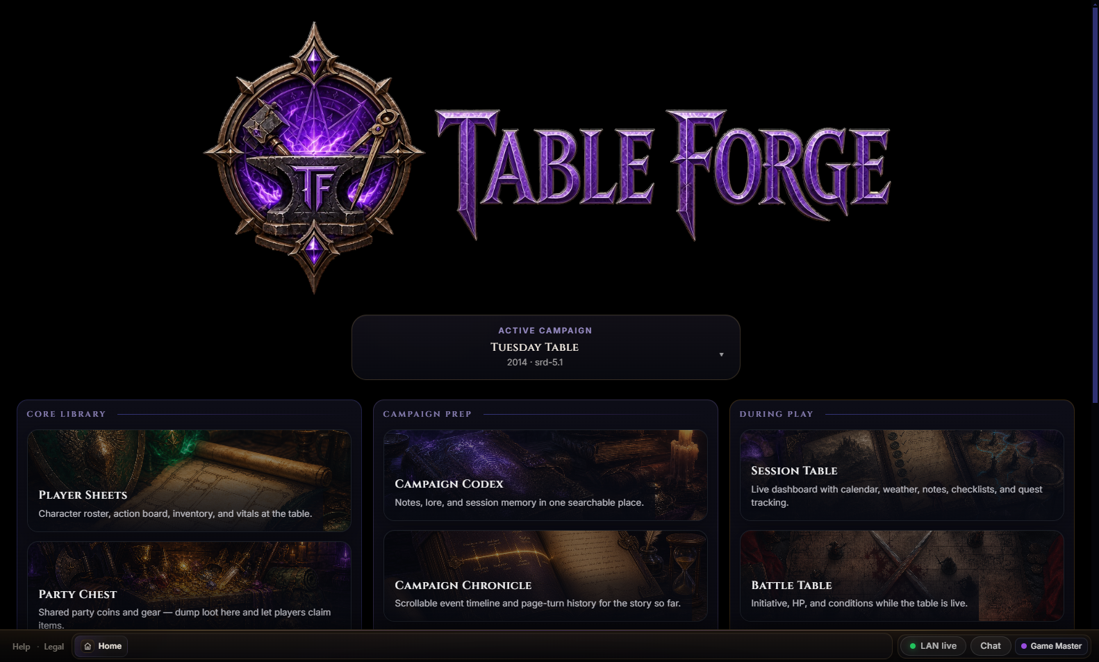 The home screen. The campaign is Tuesday Table, and the tools are listed under the logo.