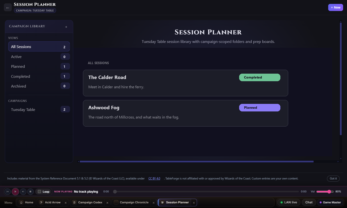 Session Planner with one finished session and one planned session