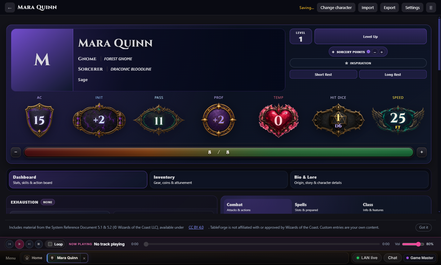 Mara Quinn’s character sheet